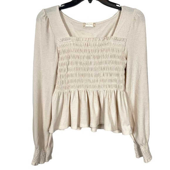 Altar'd State Tops - Altar'd State Top Medium Oatmeal Beige Knit Smocked Elastic Long Sleeve Peplum